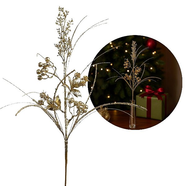 Galho Natalino Decorativo Flores e Berries Glitter Dourado Brilho Luxo 72cm - Magizi