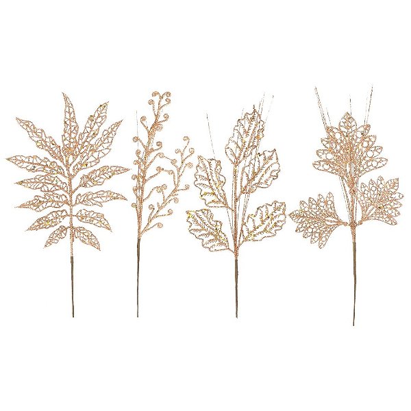 Conjunto 4 Galhos Natalinos Folhagem Decorativa Glitter Rosê 30cm - Magizi
