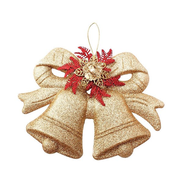 Sino Duplo Natalino Decorado Glitter Dourado, Flor Bico de Papagaio 28cm x 20cm - Magizi