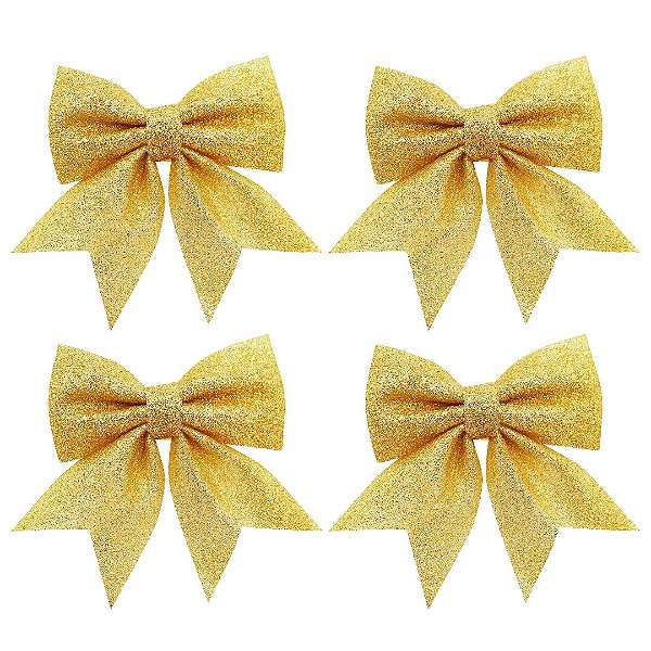 Kit Laço Glitter Dourado Natal 13cm 4 Unidades - Magizi