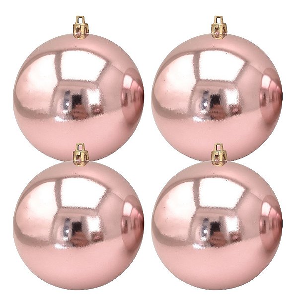 Jogo 4 Bolas de Natal Lisa Brilhante Rosê Gold Grande 14cm - Magizi
