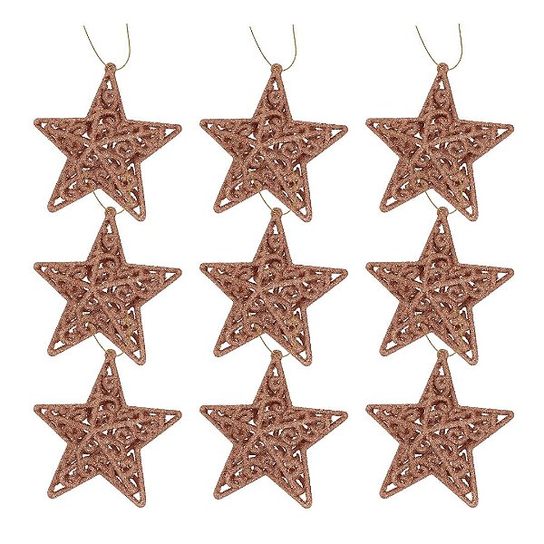 Conjunto 9 Estrelas Tridimensional Glitter Arabesco Natal Rosê Gold 9cm - Magizi