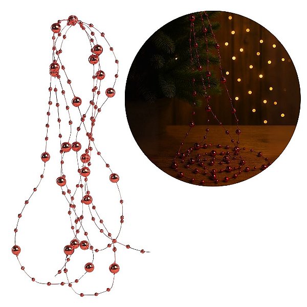 Corrente Contas Natal 8mm e 4mm Vermelho 1,8 metros - Magizi