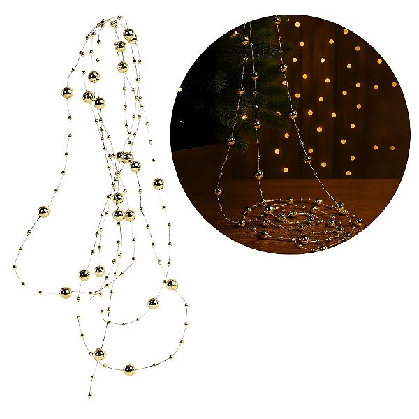 Corrente Contas Natal 8mm e 4mm Dourado 1,8 metros - Magizi