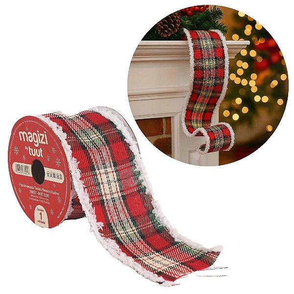 Fita Aramada Natal Tecido Xadrez Borda Nevada 63mm x 5 metros - Magizi