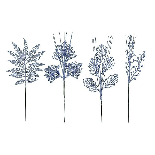 Conjunto 4 Galhos Natalinos Folhagem Decorativa Glitter Azul 30cm - Magizi