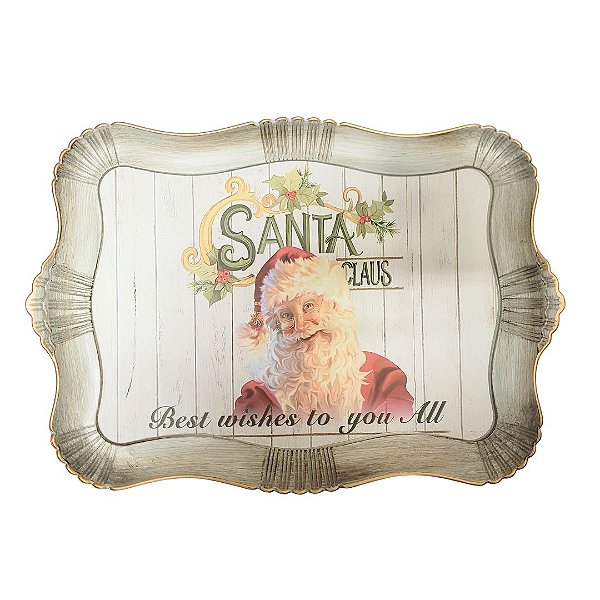 Bandeja Natal Rústica Papai Noel Moldura Ondulada 42cm x 32cm - Magizi