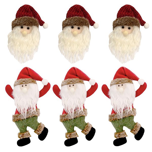Kit 6 Pelúcias Pendentes Papai Noel Scotch e Carinha Natal Vermelho e Verde 22cm - Magizi