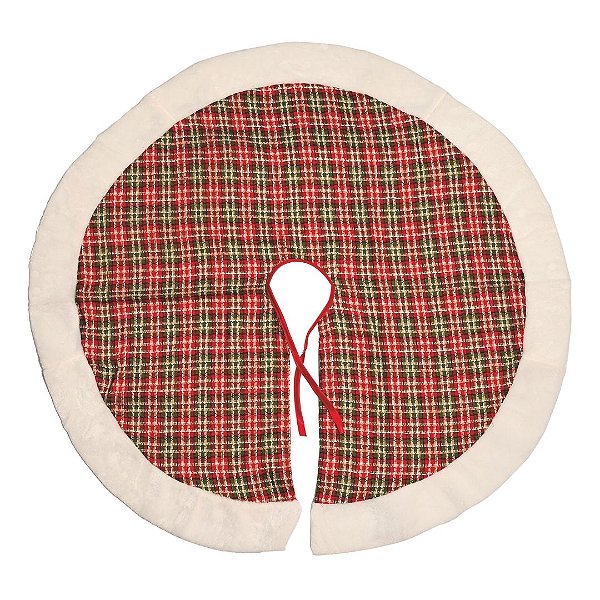 Saia Para Árvore de Natal Tecido Xadrez Luxo Borda Pelúcia Branco 90cm - Magizi