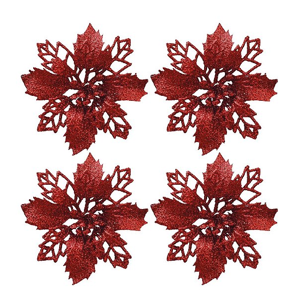 Jogo 4 Flores Bico de Papagaio Vermelha Natal Pick Glitter 9cm com Presilha - Magizi