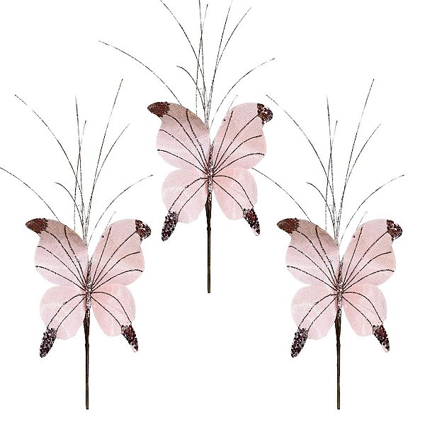 Kit 3 Borboletas Pick Natal Rosê Full Glitter Luxo 23cm - Magizi