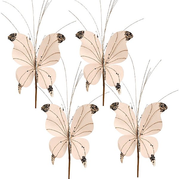 Kit 4 Borboletas Pick Natal Champanhe Full Glitter Luxo 23cm - Magizi