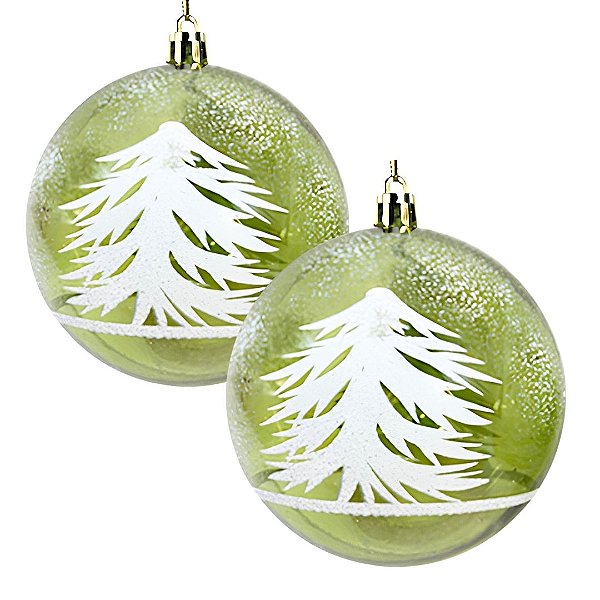 Jogo 2 Bolas Natal Verde Decorada Translúcida Pinheiro Nevado 10cm - Magizi