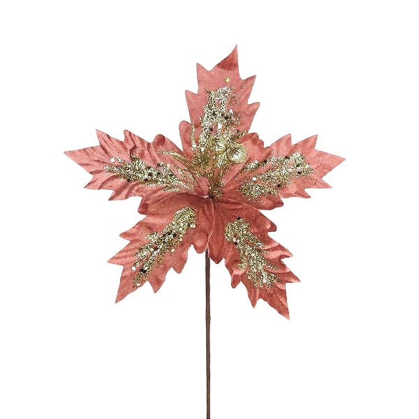 Flor Bico de Papagaio Veludo Rosê Pick Natal Glitter Dourado 24cm - Magizi