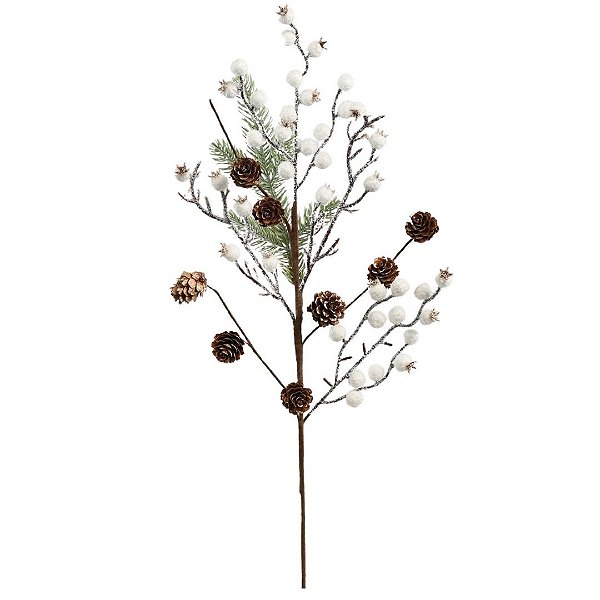 Galho Decor Natal Folhagens Berries Branco e Pinhas Rústico 62cm - Magizi