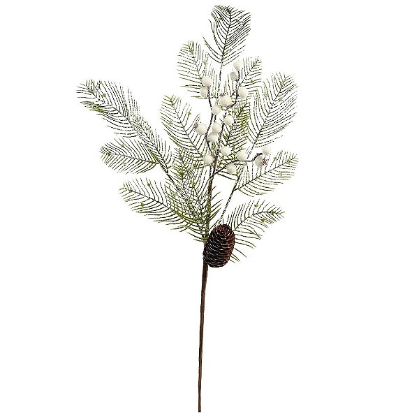 Galho Natalino Folhagens Nevada Berries Branco e Pinha 68cm - Magizi