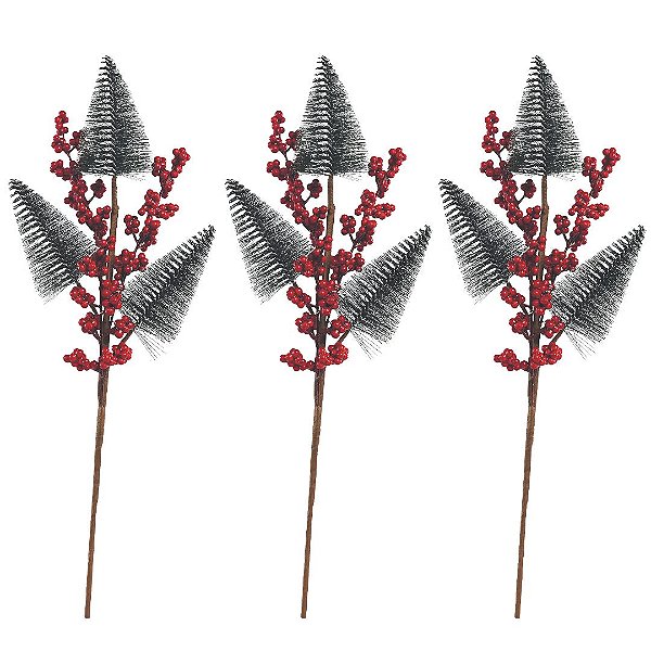Jogo 3 Galhos Decor Natal 3 Pinheiros Nevados e Berries 48cm - Magizi