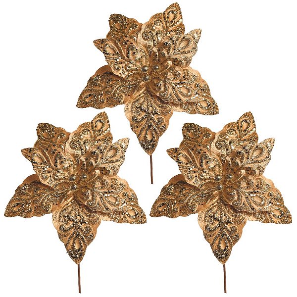 Kit 3 Flores Bico de Papagaio Pick Natal Veludo Arabesco Glitter Dourado 28cm - Magizi