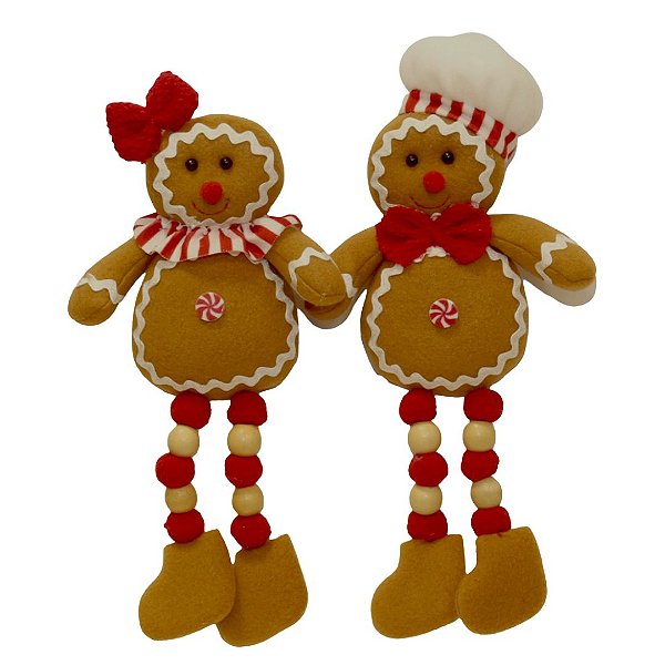 Casal Biscoito Gengibre Decorado Natal Pelúcia Perna Miçanga 30cm - Magizi
