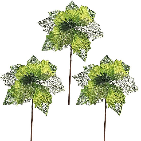 Jogo 3 Flores Bico de Papagaio Verde Mescla Pick Natal Luxo 20cm - Magizi