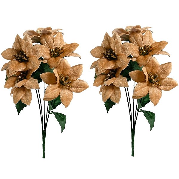 Jogo 2 Buquês Mini Bico de Papagaio Natal Veludo Champanhe 5 Flores - Magizi