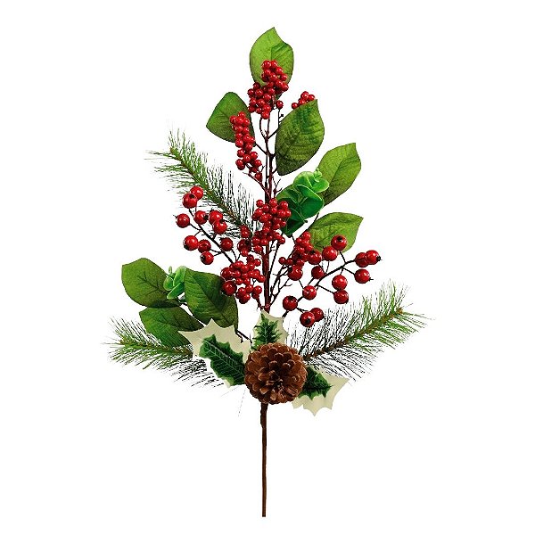 Galho Mix Folhagem Natal Premium Pinha e Berries 70cm - Magizi