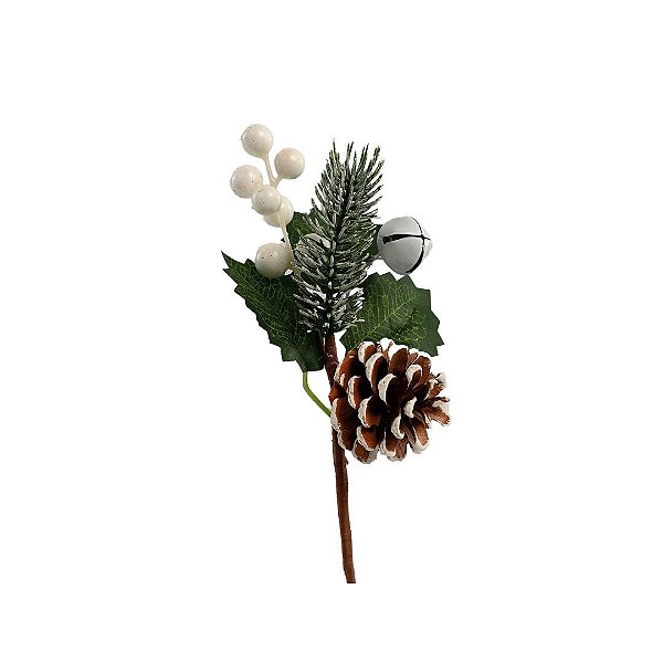 Galho Natalino Pick Folhagens Pinha, Guizo e Berries Branco Nevado 21cm - Magizi