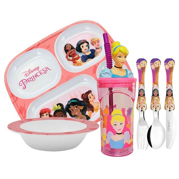 Kit Refeição Infantil Princesas Disney 6 Peças Prato Divisória, Tigela, Copo e Talheres - Tuut
