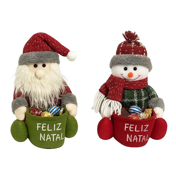 Jogo Papai Noel e Boneco de Neve Sentados Decorativos Natal Pelúcia Saco de Presentes Feliz Natal 20cm