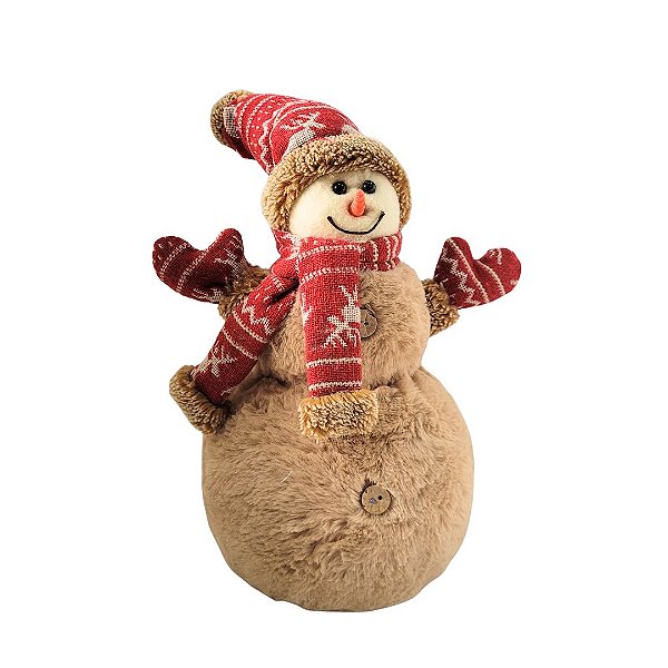 Boneco de Neve Decorativo Natal em Pelúcia com Gorro e Cachecol Crochê Vermelho 30cm