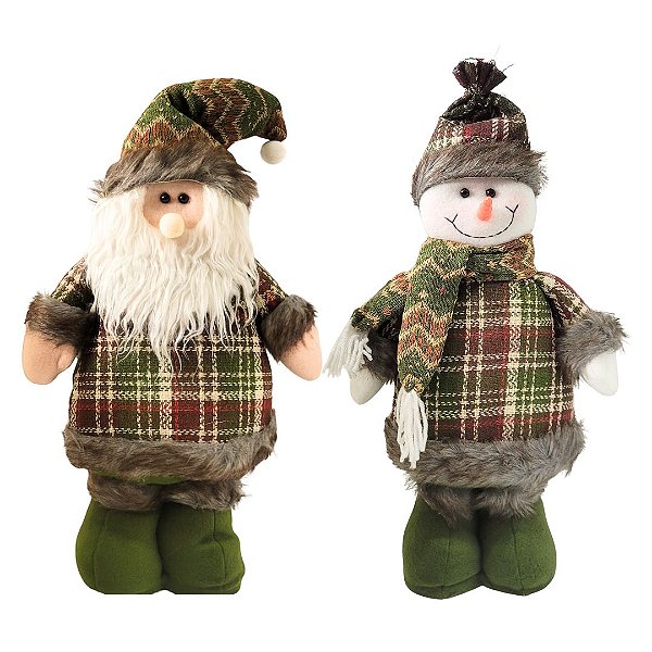 Jogo Papai Noel e Boneco de Neve Decorativo Natal Pé Pelúcia Xadrez Verde Cachecol e Gorro Crochê 40cm