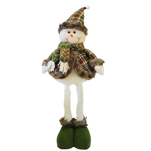 Boneco de Neve Decorativo Natal  Pernas Retráteis Extensoras 55cm a 75cm Pelúcia Branco Roupa Verde Xadrez