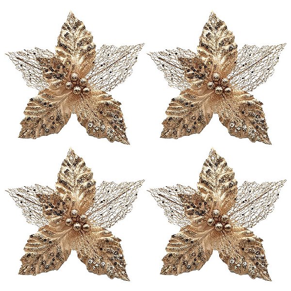 Kit 4 Flores Bico de Papagaio Pick Natal Vazado Veludo Champanhe Luxo Glitter e Lantejoulas 22cm