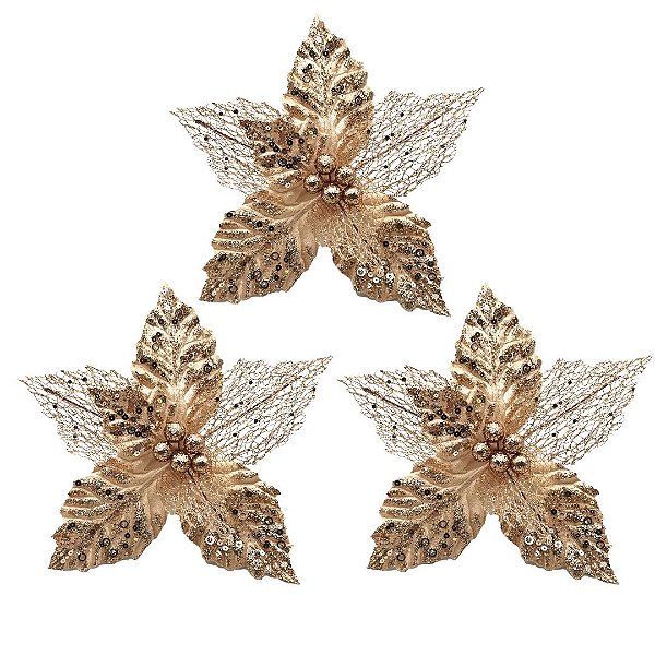 Kit 3 Flores Bico de Papagaio Pick Natal Vazado Veludo Champanhe Luxo Glitter e Lantejoulas 22cm