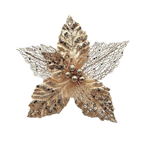 Pick Natalino Flor Bico de Papagaio Vazado em Veludo Champanhe Luxo com Glitter e Lantejoulas 22cm