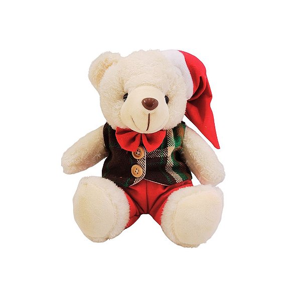 Urso Pelúcia Natalino Creme Prime Colete Xadrez Verde e Marrom Gorro e Gravata Vermelho 20cm - Master Christmas