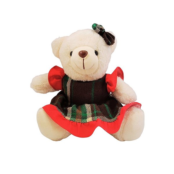 Urso Pelúcia Natalino Creme Prime Vestido Xadrez Vermelho e Verde Lacinho Xadrez 20cm - Master Christmas