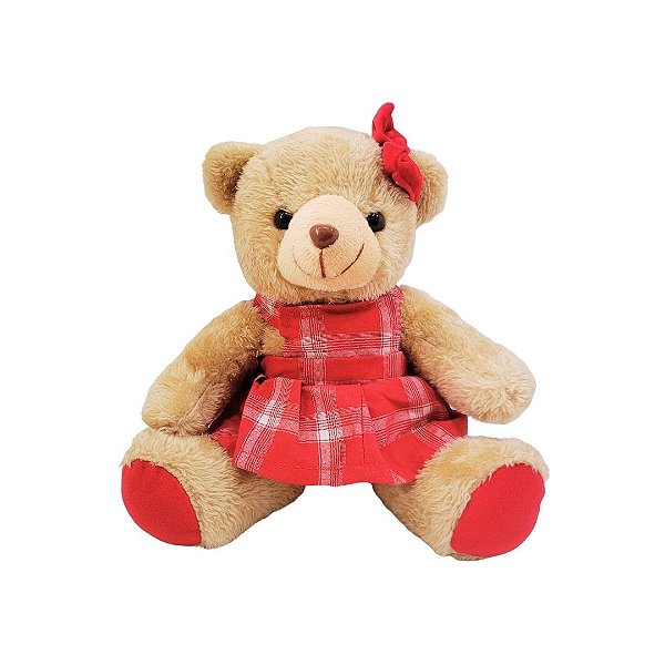 Urso Pelúcia Natalino Prime Vestido Xadrez e Laço Vermelho 20cm - Master Christmas