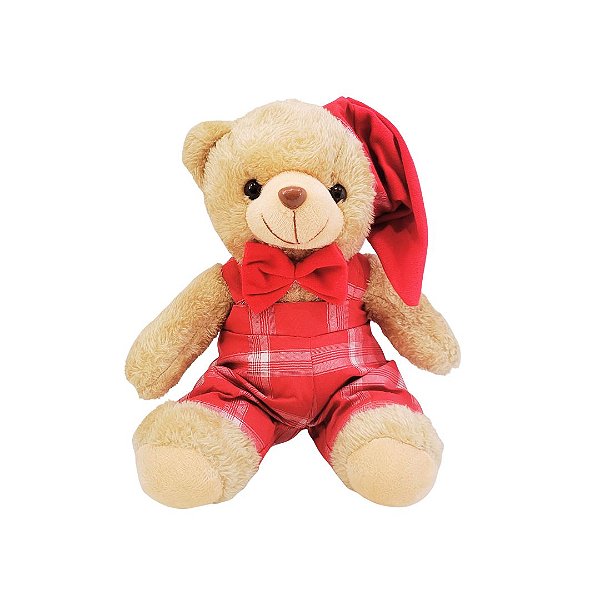 Urso Pelúcia Natalino Prime Roupa Xadrez, Gravata e Gorrinho Vermelho 20cm