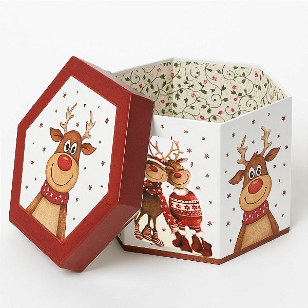 Caixa de Presente Decorada Natal Multiuso Renas Love Sextavada Premium 21cm x 15cm