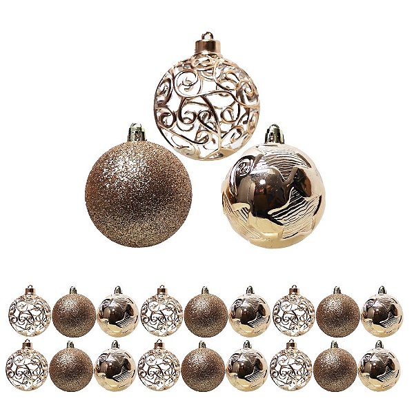 Kit 18 Bolas de Natal Champanhe Luxo 6cm Mistas com Glitter, Estrela, Arabesco e Vazado