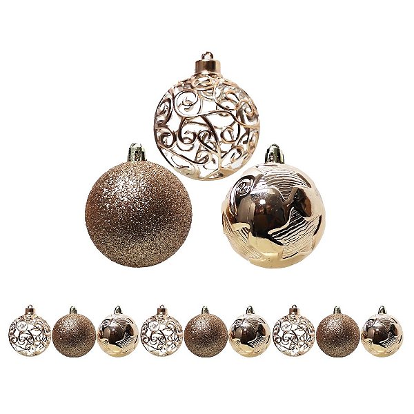 Kit 9 Bolas de Natal Champanhe Luxo 6cm Mistas com Glitter, Estrela, Arabesco e Vazado