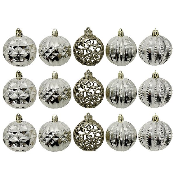 Kit 18 Bolas Natal Luxo Champanhe Textura Metalizada e Arabesco Glitter Vazado 6cm