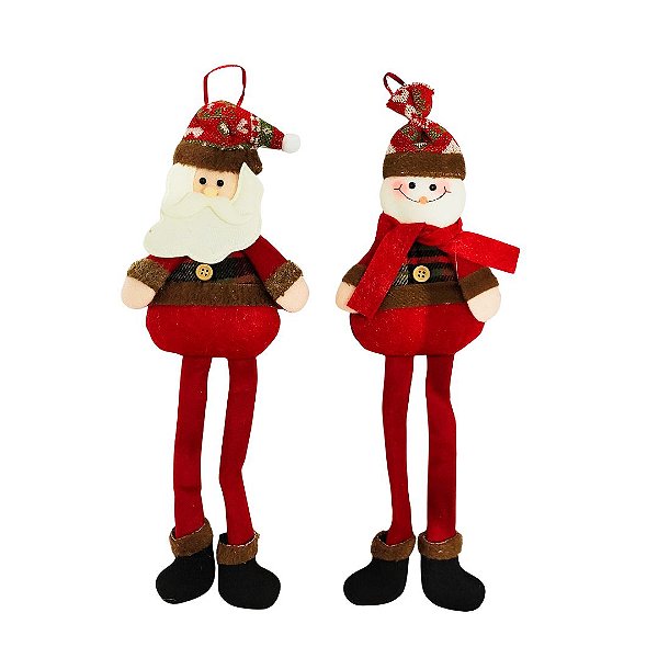 Jogo Papai Noel e Boneco de Neve Pendente 30cm Pelúcia Perna Mole Xadrez