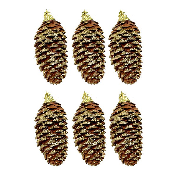 Jogo 6 Pinha Natural Pendente Natalina 8,5cm com Glitter Dourado e Cordão para Pendurar