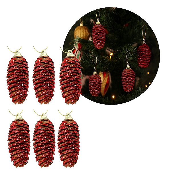 Jogo 6 Pinha Natural Pendente Natalina 8,5cm com Glitter Vermelho e Cordão para Pendurar