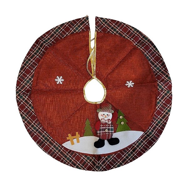 Saia para Árvore de Natal 70cm Linho Vinho Pelúcia Boneco de Neve Borda Xadrez Prime