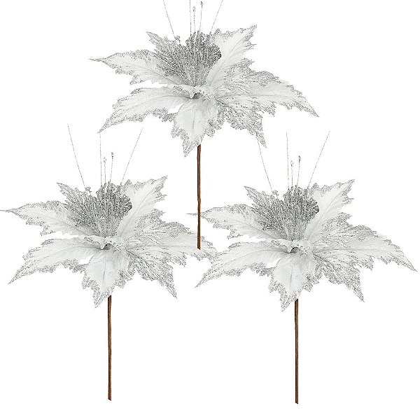 Jogo 3 Pick Natalino Flor Bico de Papagaio Prata Borda Glitter Luxo 25cm x 16cm