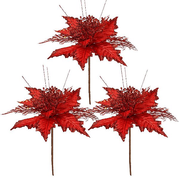 Jogo 3 Pick Natal Flor Bico de Papagaio Vermelho Borda Glitter Luxo 25cm x 16cm