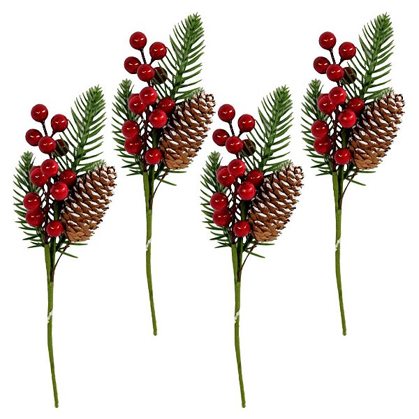 Jogo 4 Galhos Natalino Pick Decorativo Folhagens, Pinha Nevada e Azevinhos Vermelhos 25cm